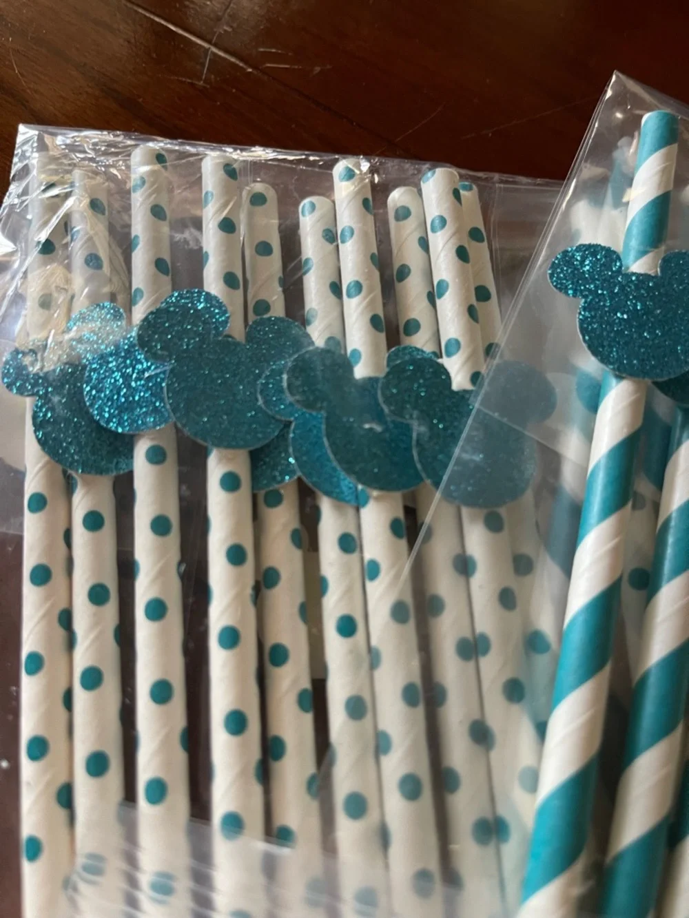 24 Teal Glitter Mouse Paper Straws & Confetti Set - Home Party Supplies